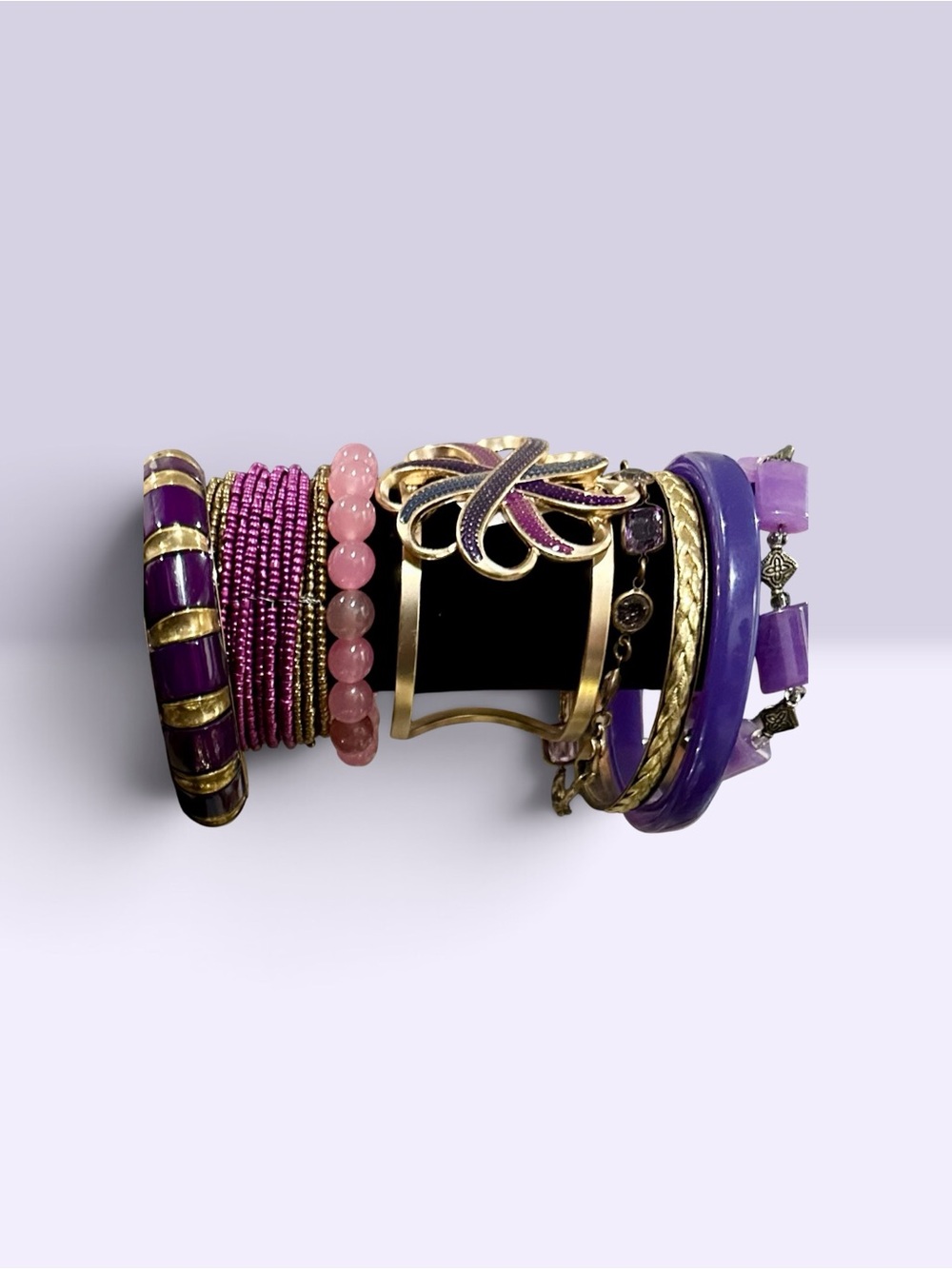 Vintage Boho Purple Gold Bracelet Lot Stack Cuffed Beaded Enamel Bangle Set 8pc - Picture 5 of 8